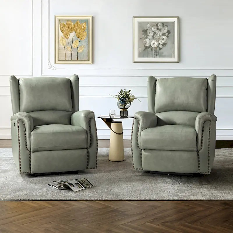 Poltrona reclinabile elettrica in vera pelle con porta USB - Set di 2 con schienale a orecchioni e borchie