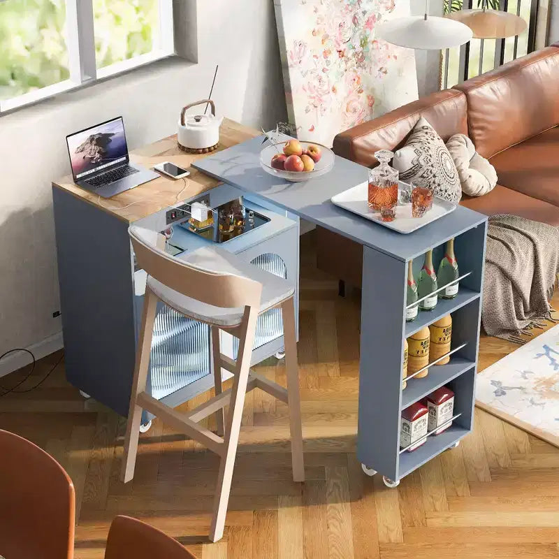 Isola da Cucina con Ruote e 2 Ante in Vetro, Carrello da Cucina con Tavolo Estensibile e Prese di Corrente, Isola da Cucina con Ripiani Laterali Aperti
