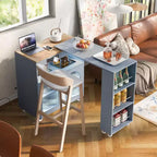 Isola da Cucina con Ruote e 2 Ante in Vetro, Carrello da Cucina con Tavolo Estensibile e Prese di Corrente, Isola da Cucina con Ripiani Laterali Aperti