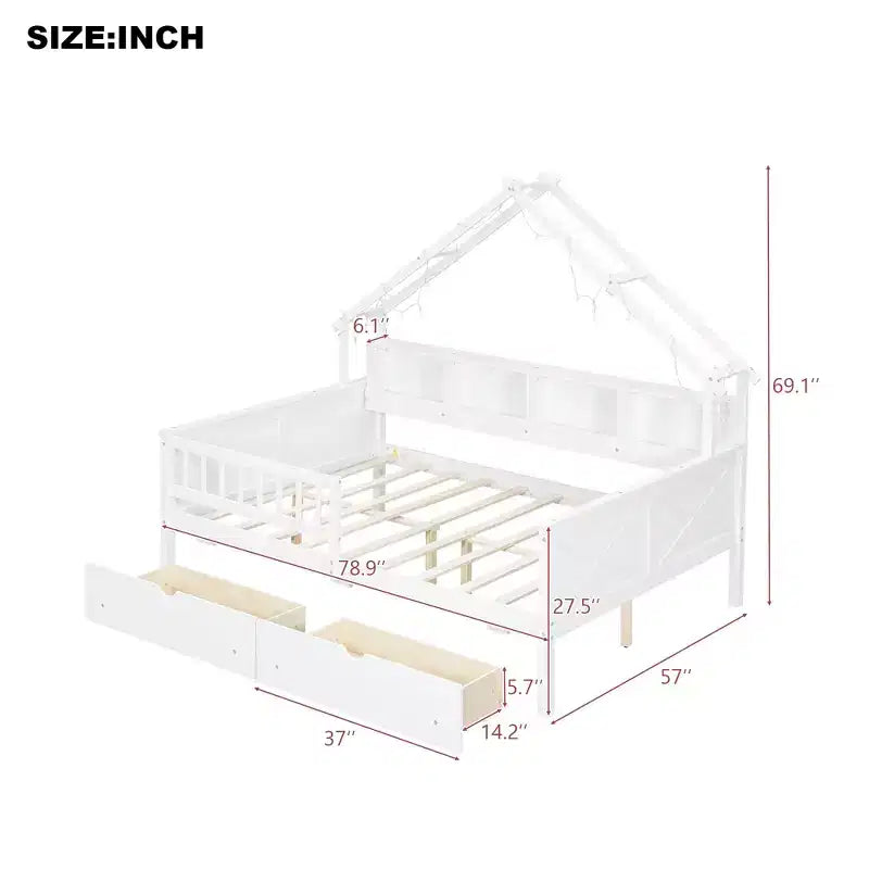 Struttura letto a casetta a grandezza naturale con cassetti, letto a piattaforma a casetta con luci LED, mensole e cassetti portaoggetti, divano letto in legno con tetto e sponda