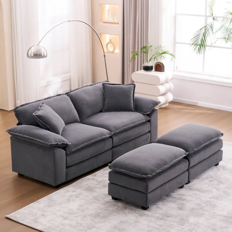 Divano a 2 posti con 2 cuscini, 2 guanciali e 2 pouf, divano confortevole - Divano profondo da soggiorno, divano modulare