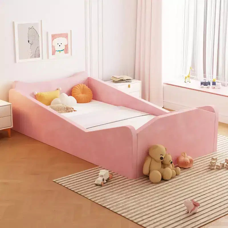 Lettino per bambini JOYMOR, Letto a pavimento con sponda di sicurezza, Lettino Montessori per bambini con orecchie di animali, Rosa