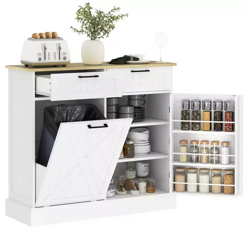 Mobiletto portarifiuti a scomparsa HOMCOM con cassetti, mobiletto da cucina in stile rustico con pattumiera nascosta