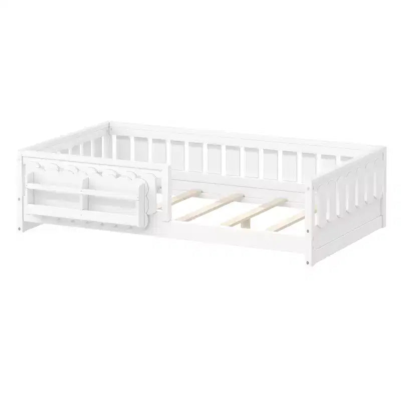 Struttura letto a piattaforma per bambini di dimensioni Twin e Full con sponda di protezione, librerie integrate e ripiani portaoggetti