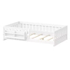 Struttura letto a piattaforma per bambini di dimensioni Twin e Full con sponda di protezione, librerie integrate e ripiani portaoggetti