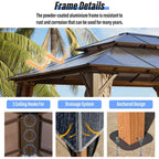 EROMMY Gazebo a tetto rigido, Pergola da esterno con doppio tetto, zanzariere e tende, Tenda da sole resistente per patio, cortile, feste in piscina