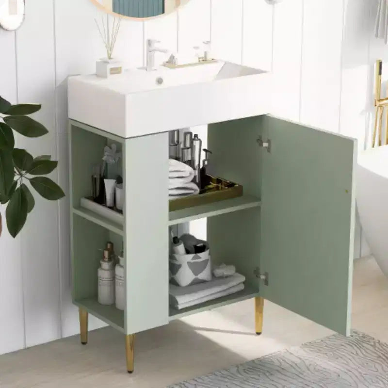 21.6 Mobile da bagno bianco, Mobile combinato, Armadietto contenitore per bagno, Lavabo singolo in ceramica, Vano contenitore a sinistra
