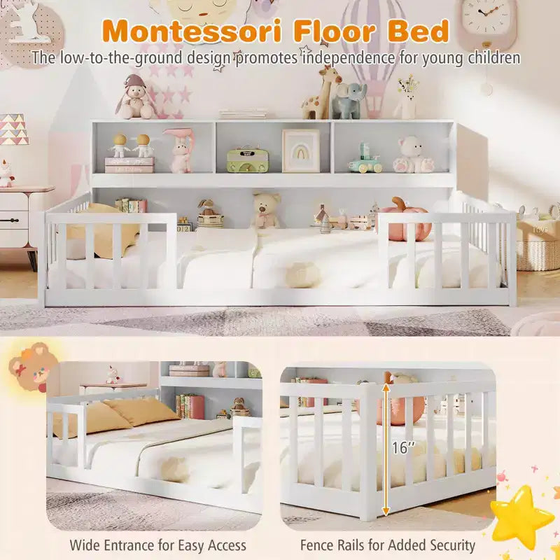 Letto a terra Montessori per materasso singolo/una piazza e mezza con libreria, ripiani e sponde di sicurezza bianco/grigio