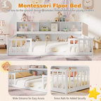 Letto a terra Montessori per materasso singolo/una piazza e mezza con libreria, ripiani e sponde di sicurezza bianco/grigio