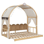 Letto a piattaforma in legno massiccio a forma di casetta, letto Montessori a terra con tetto ad arco e letto estraibile per bambine e bambini