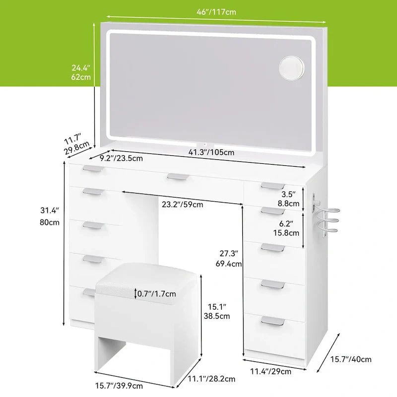 Moasis 46 Mobile con specchio illuminato, presa integrata e porta asciugacapelli - 55,8 A x 46 L x 11,7 P