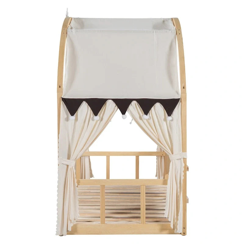 Letto a piattaforma in legno massiccio a forma di casetta, letto Montessori a terra con tetto ad arco e letto estraibile per bambine e bambini