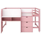Letto a soppalco basso rosa/bianco con scrivania, contenitore e lavagna bianca – Singolo, 1 persona