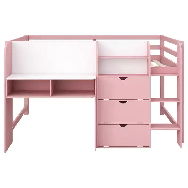 Letto a soppalco basso rosa/bianco con scrivania, contenitore e lavagna bianca – Singolo, 1 persona