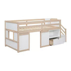 Letto a soppalco basso in legno massiccio, piazza e mezza, 94.6L x 42.3W, con scala, cassetto e mensola, design moderno e pulito