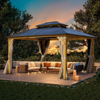 EROMMY Gazebo a tetto rigido, Pergola da esterno con doppio tetto, zanzariere e tende, Tenda da sole resistente per patio, cortile, feste in piscina