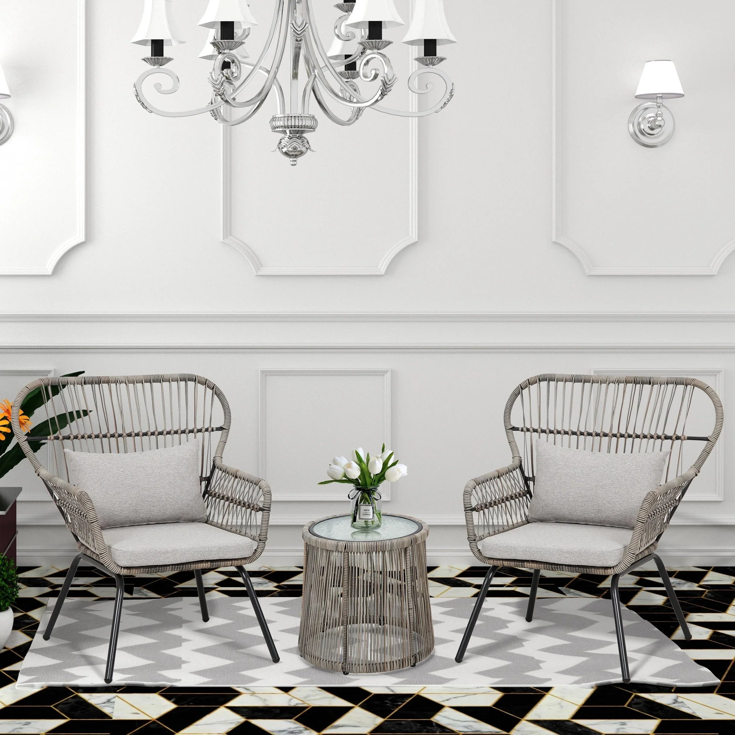 Set da Bistrò per Conversazione da Esterno a 3 Pezzi in Vimini, Set di Sedie da Patio in Rattan per Tutte le Stagioni con Cuscini