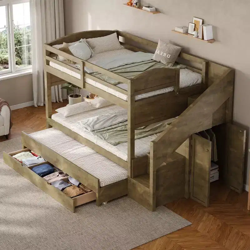 Whisen Letto a castello Twin XL con rotelle estraibili, letto a castello con contenitore, letto a castello in legno massello, scala con contenitore, armadio, 3 cassetti, per bambini