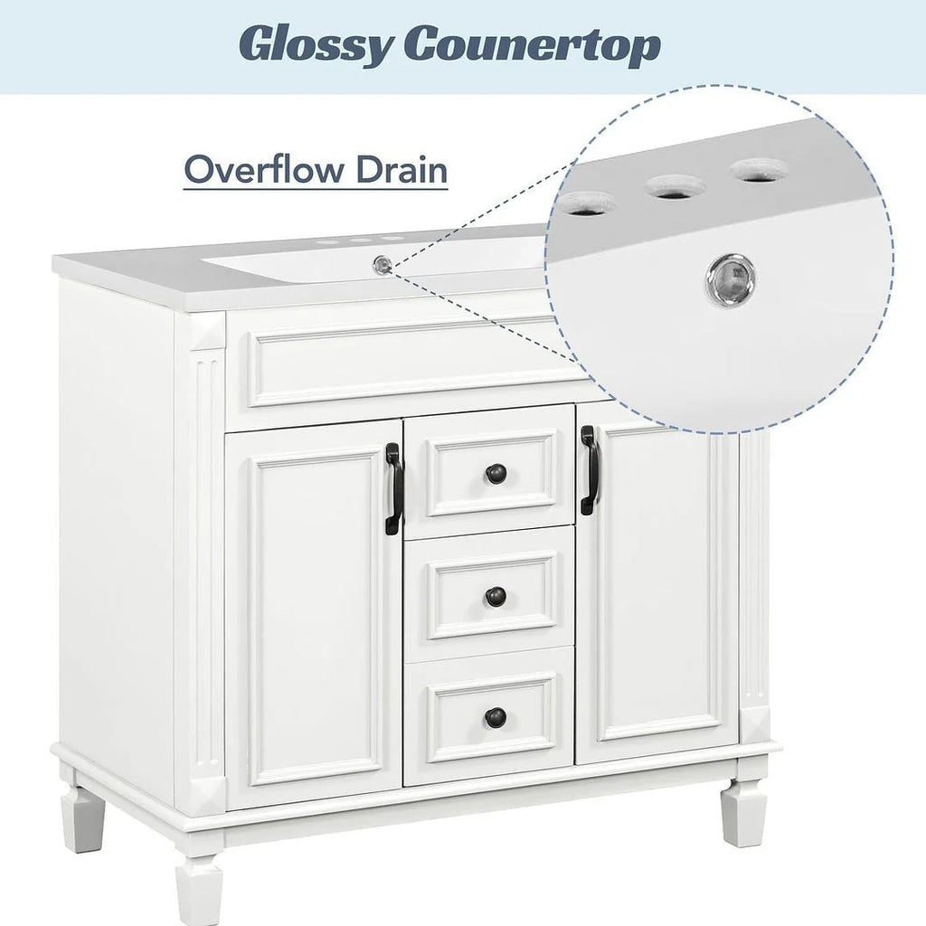 Mobile Bagno Moderno da 90cm con Lavabo Integrato e Specchiera, 2 Ante e 2 Cassetti