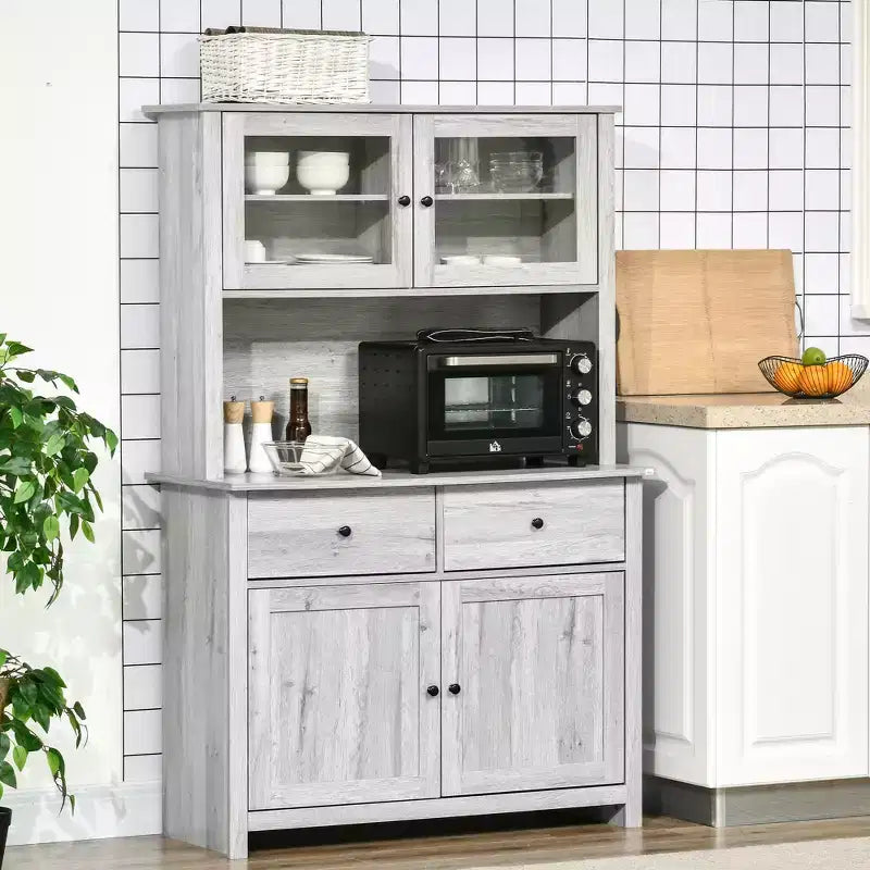 HOMCOM Credenza da Cucina 63,5 cm con Vetrina Superiore, Armadietto Dispensa con 4 Ripiani, Cassetti, Ante in Vetro, Ripiano Aperto per Microonde