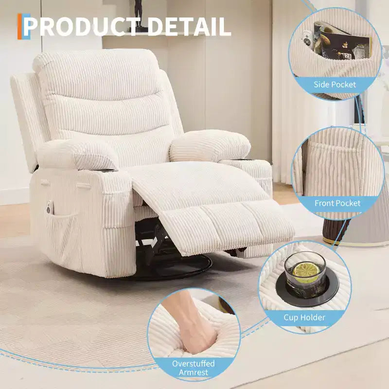 Poltrona Reclinabile Girevole a Dondolo con Massaggio e Riscaldamento, Girevole a 360° con Portabicchieri e Tasche Laterali, Divano Ergonomico per Soggiorno, Camper, Cameretta