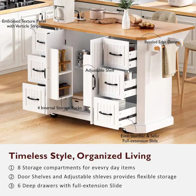 Isola Cucina Espandibile con Ante a Scomparsa, Carrello Cucina su 4 Ruote con Presa Elettrica, Tavolo Isola Mobile con 2 Ante e 6 Cassetti