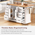 Isola Cucina Espandibile con Ante a Scomparsa, Carrello Cucina su 4 Ruote con Presa Elettrica, Tavolo Isola Mobile con 2 Ante e 6 Cassetti