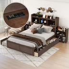 Letto matrimoniale con contenitore, rotelle estraibili, testiera libreria e stazione di ricarica, struttura letto in legno matrimoniale con mensole e cassetti