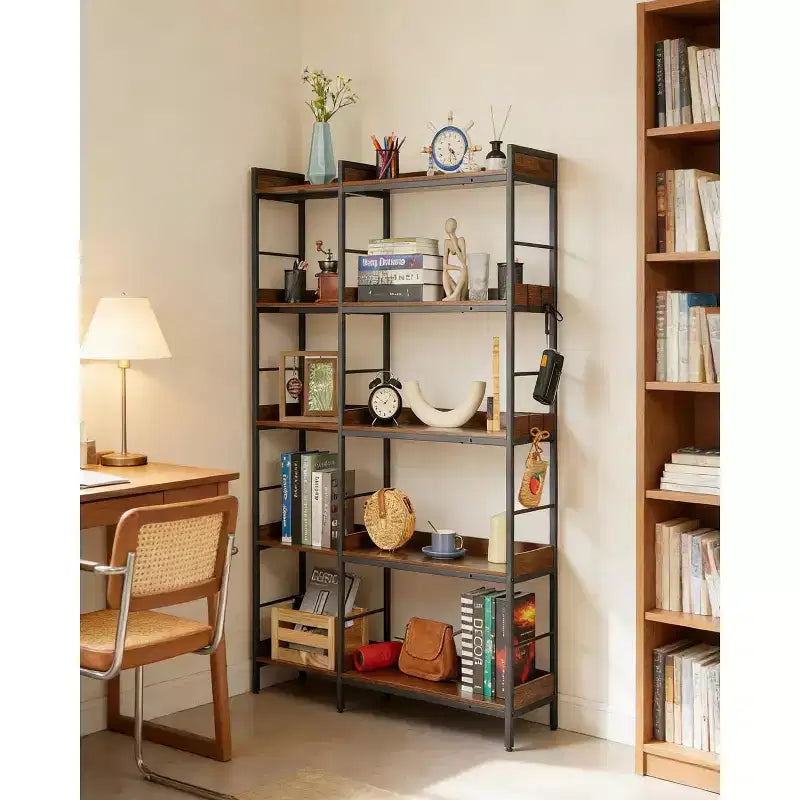 Scaffale angolare a 5 ripiani a forma di L, libreria industriale in legno e metallo da 65 pollici (marrone rustico), portaoggetti reversibile per soggiorno, camera da letto e ufficio