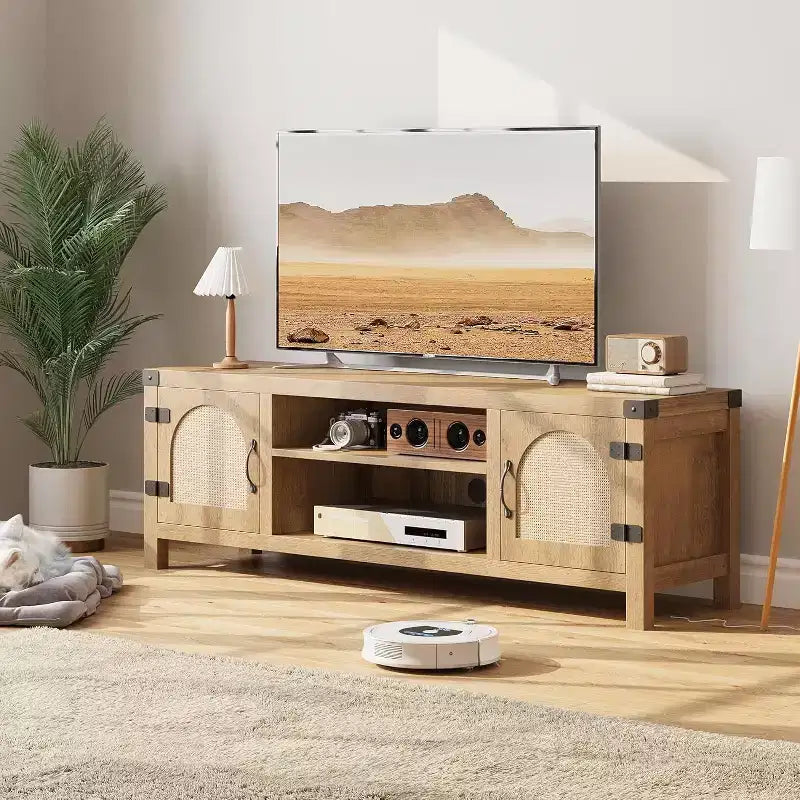 Mobile porta TV da 65 pollici in stile bohémien con anta in vimini - Mobile da salotto in legno con due armadietti e ripiani regolabili, adatto per soggiorni