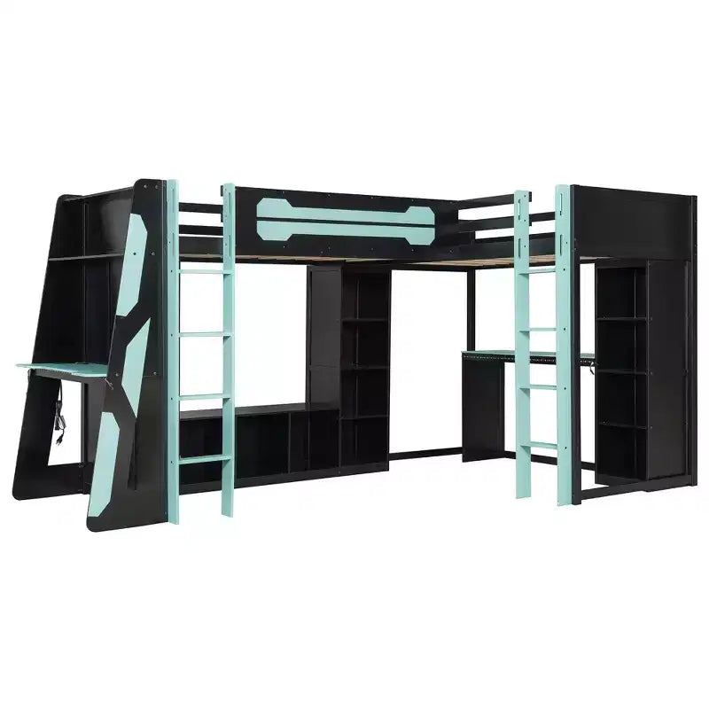 Letto a soppalco a L da gaming con scrivanie, letti a soppalco doppi con luci LED, porte USB, scaffali portaoggetti, letto a soppalco ad angolo in legno per 2
