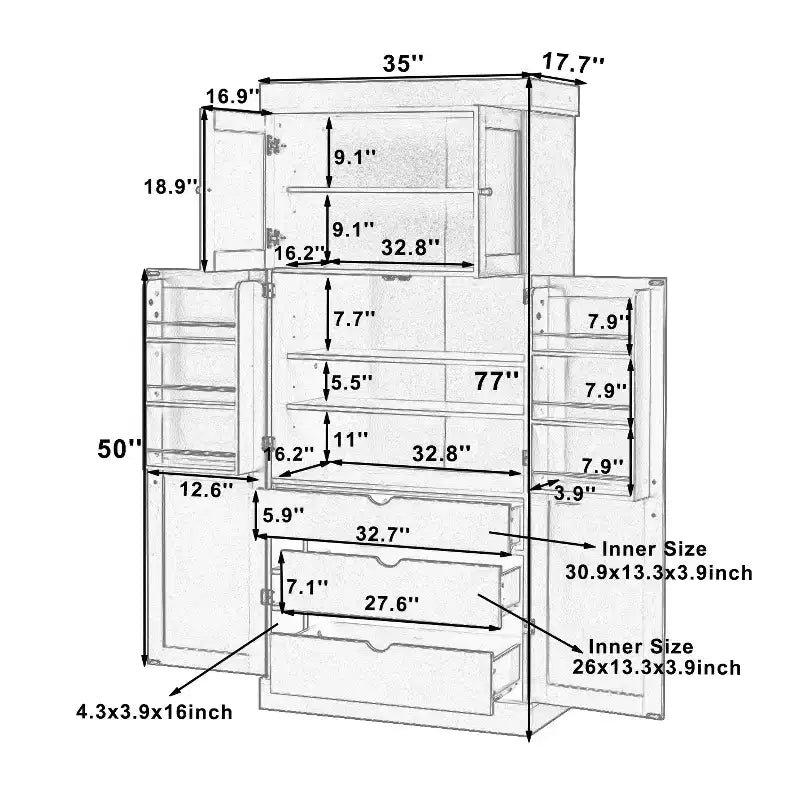 Dispensa da cucina indipendente 77H, armadio contenitore in stile rustico con ripiani regolabili, ripiani sulla porta, cassetti e portabottiglie - ModernLuxe