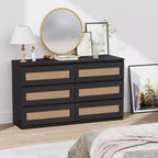 Cassettiera in Rattan per Camera da Letto con 6 Cassetti, Comò Largo Moderno in Stile Fattoria da 120 cm, Mobile Contenitore in Legno per Armadio, Soggiorno, Corridoio