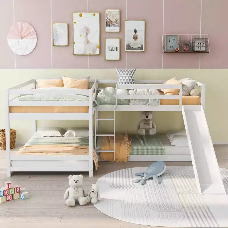 Letto a castello a L per 4 bambini, letto a castello quadruplo con scivolo, struttura in legno full e twin per cameretta dormitorio