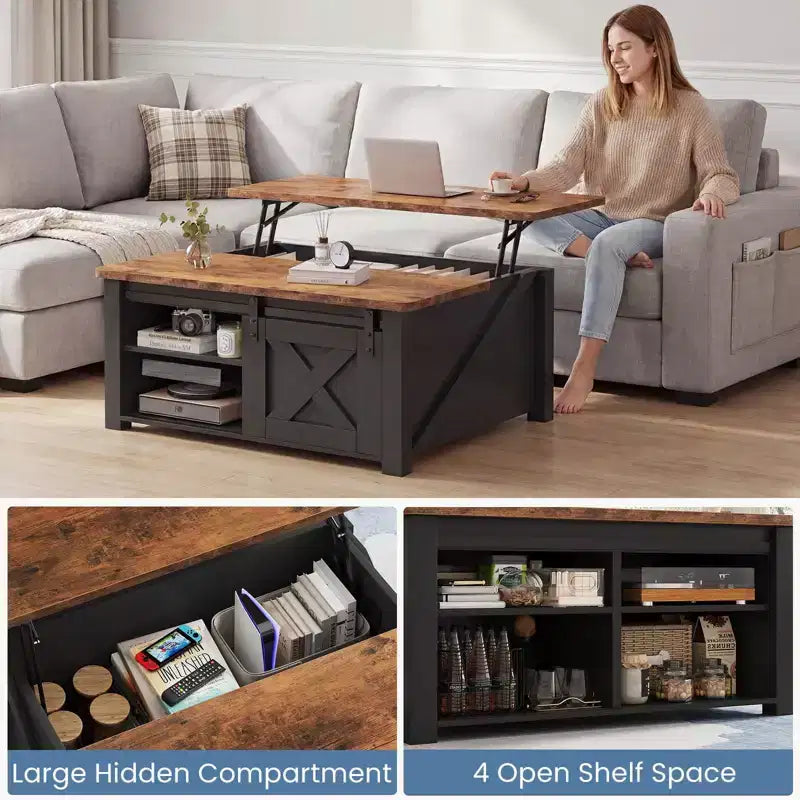 JIONJOY 31.5 Tavolino da Caffè con Piano Sollevabile, Ampio Vano Contenitore Nascosto, Scaffali Regolabili, Tavolo Centrale Quadrato in Stile Rustico per Soggiorno, Piccoli Spazi