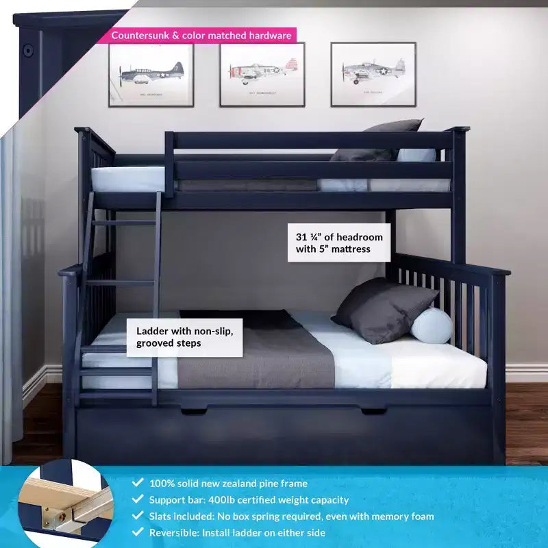 Letto a Castello in Legno Massello Max & Lily, una Piazza e Mezza con Letto Estraibile Contenitore e Scaletta per Bambini