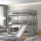 Letto a Castello Triplo Full Over Full con Scaletta Convertibile e Scivolo, Letto Triplo con Sponde di Protezione, Bianco/Grigio/Espresso - ModernLuxe