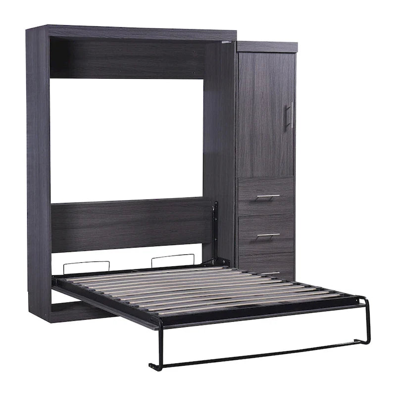 Letto Murphy pieghevole grigio con armadio e 3 cassetti, matrimoniale/singolo, 1 persona