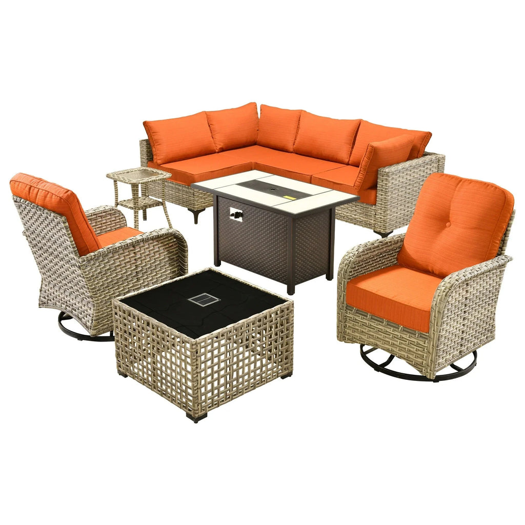 OVIOS Set di Sedie Girevoli da Esterno in Vimini a 9 Pezzi con Tavolo Fuoco