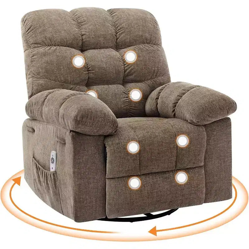 Poltrona Reclinabile Massaggiante con Calore - Girevole a 360°, Dondolo, Divano Singolo Oversize con Vibrazione, USB e Tasche Contenitore per Soggiorno/Camera da Letto