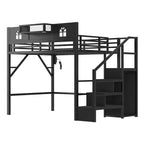 Letto a soppalco ModernLuxe matrimoniale/queen size con scale e armadio integrato, struttura letto in metallo con luci a LED, stazione di ricarica USB e ripiani portaoggetti