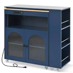 Isola da Cucina con Ruote e 2 Ante in Vetro, Carrello da Cucina con Tavolo Estensibile e Prese di Corrente, Isola da Cucina con Ripiani Laterali Aperti