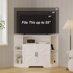 Mobile porta TV ad angolo per televisori fino a 55", console multimediale stile rustico con anta scorrevole a granaio, ripiani aperti e mobiletto, bianco