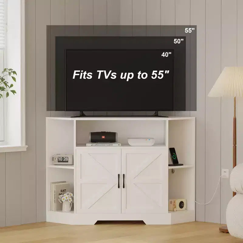 Mobile porta TV ad angolo per televisori fino a 55", console multimediale stile rustico con anta scorrevole a granaio, ripiani aperti e mobiletto, bianco