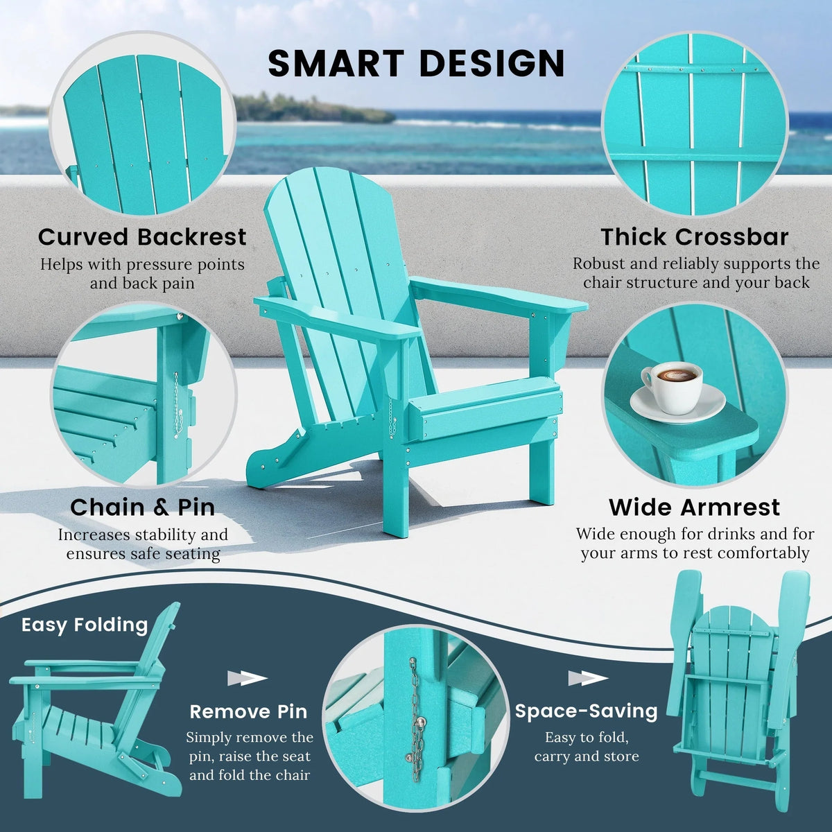 Polytrends Laguna Sedia Adirondack Pieghevole da Esterno per Patio Resistente allo Sbiadimento e alle Intemperie