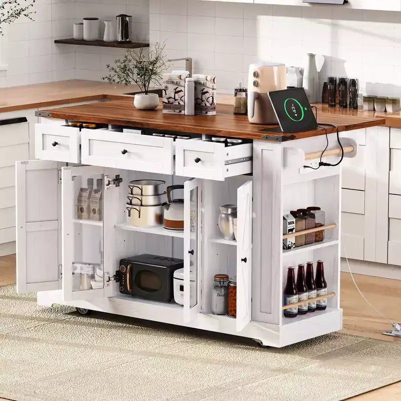 Carrello da cucina con ante in vetro temperato, portabottiglie laterali, presa di corrente e anta a ribalta