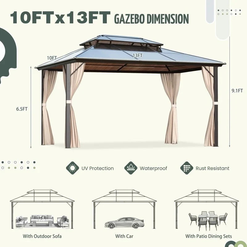 EROMMY Gazebo a tetto rigido, Pergola da esterno con doppio tetto, zanzariere e tende, Tenda da sole resistente per patio, cortile, feste in piscina