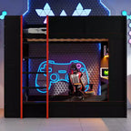 Letto a castello da gaming in legno a grandezza naturale con scrivania integrata, mensole, luci LED a 7 colori e stazione di ricarica, nero - ModernLuxe