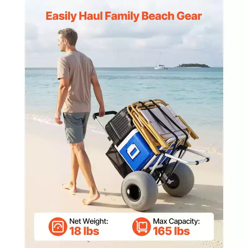 VEVOR Carrello da Spiaggia con Grandi Ruote per Sabbia, Piattaforma di Carico 50,8x38,1 cm, Carrello Pieghevole per Sabbia con Ruote a Palloncino da 30,5 cm, Capacità di Carico 75 kg, Argento+Nero