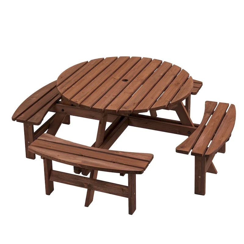 Set da pranzo rotondo da picnic per 8 persone in legno di abete da esterno con 4 panche integrate e foro per ombrellone